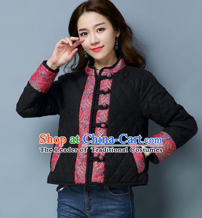Traditional Chinese National Costume Hanfu Slant Opening Black Cotton-padded Jacket, China Tang Suit Coat for Women