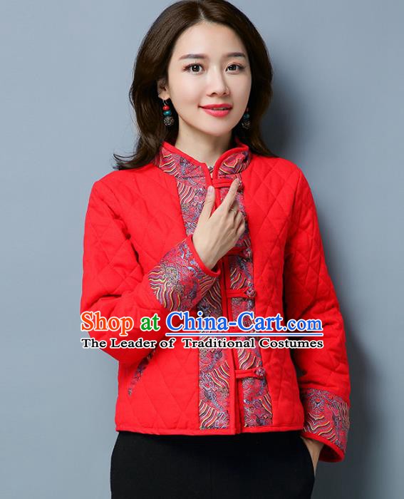 Traditional Chinese National Costume Hanfu Slant Opening Red Cotton-padded Jacket, China Tang Suit Coat for Women