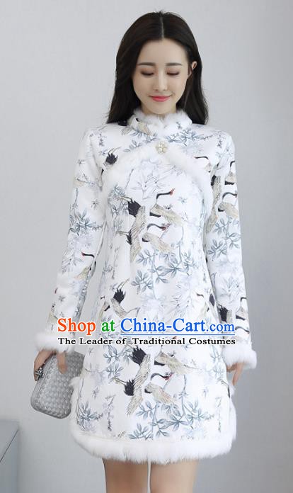 Traditional Chinese National Costume Hanfu Printing Cranes Qipao, China Tang Suit Cheongsam Dress for Women
