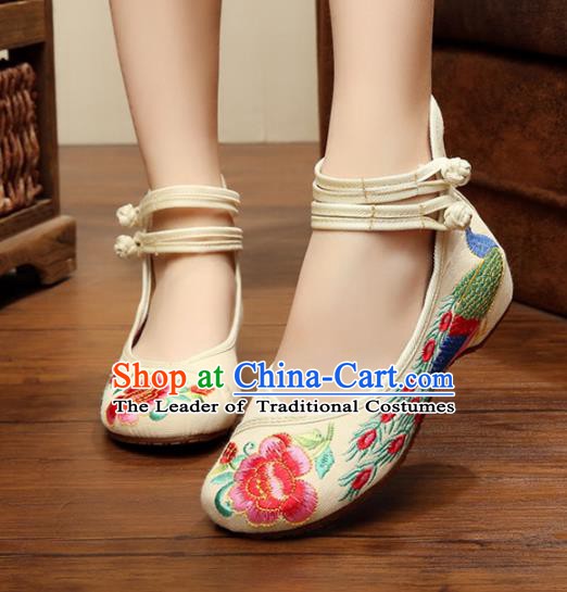 Asian Chinese National Embroidered Peony Phoenix White Shoes, Traditional China Princess Shoes Hanfu Embroidery Shoes for Women