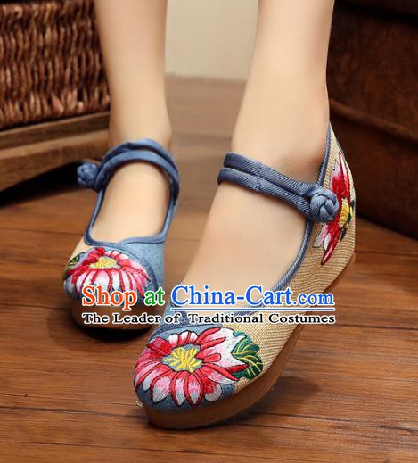 Asian Chinese National Blue Linen Embroidered Shoes, Traditional China Princess Shoes Hanfu Embroidery Shoes for Women