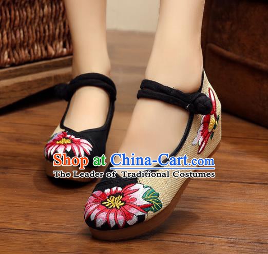 Asian Chinese National Black Linen Embroidered Shoes, Traditional China Princess Shoes Hanfu Embroidery Shoes for Women