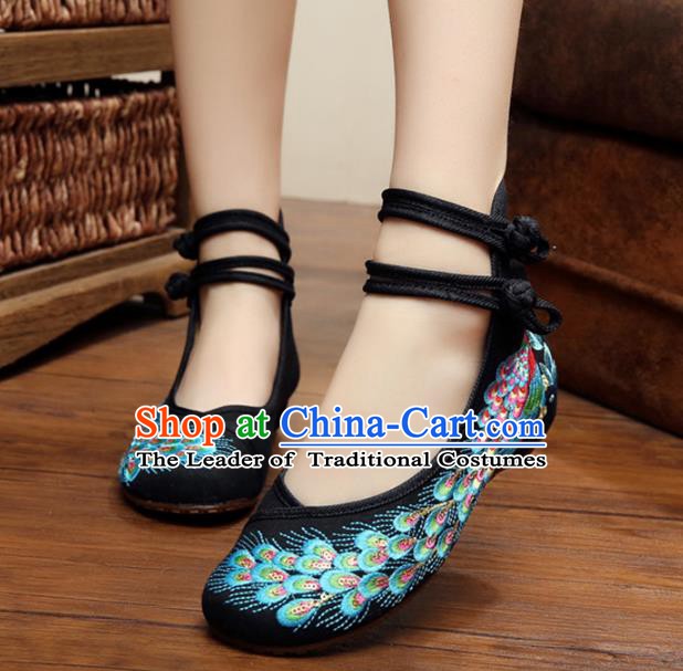 Traditional Chinese National Hanfu Thin Shoes Black Embroidered Shoes, China Princess Embroidery Peacock Shoes for Women