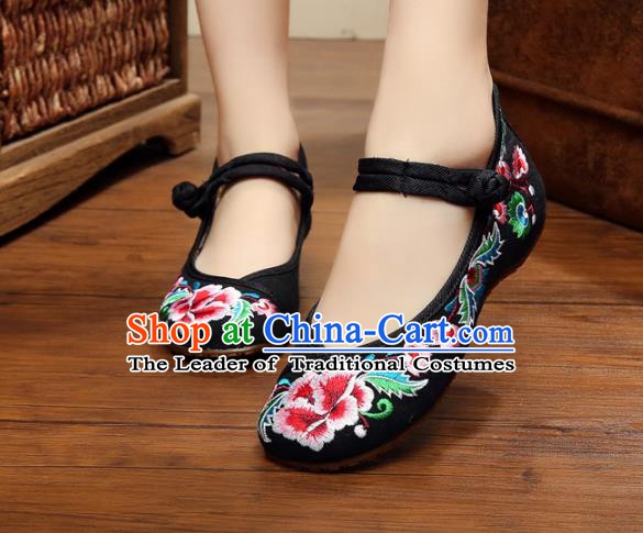 Traditional Chinese National Black Canvas Shoes Embroidered Peony Shoes, China Princess Embroidery Shoes for Women
