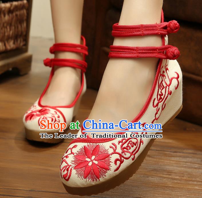 Traditional Chinese National Hanfu Linen Embroidered Shoes, China Princess Shoes Embroidery Red Shoes for Women