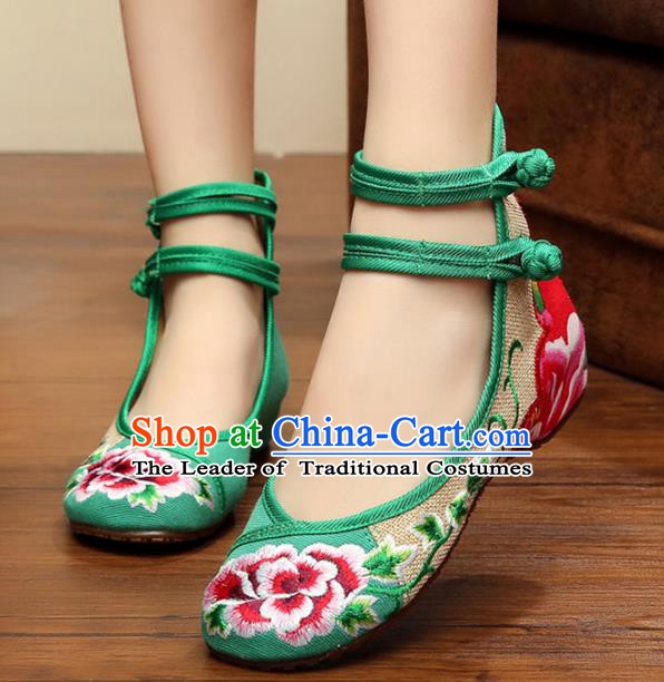 Traditional Chinese National Hanfu Linen Embroidered Peony Shoes, China Princess Shoes Embroidery Green Shoes for Women