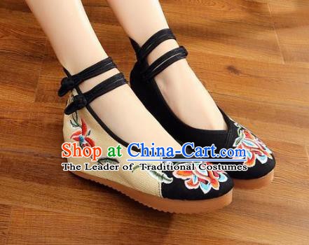 Traditional Chinese National Hanfu Wedding Black Embroidered Shoes, China Princess Embroidery Peony Shoes for Women