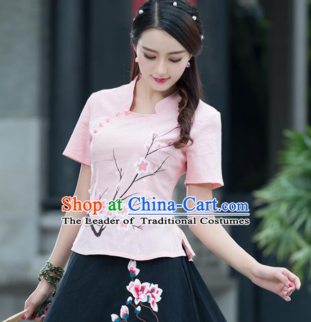 Traditional Chinese National Costume Hanfu Embroidery Wintersweet Pink Blouse, China Tang Suit Cheongsam Upper Outer Garment Shirt for Women