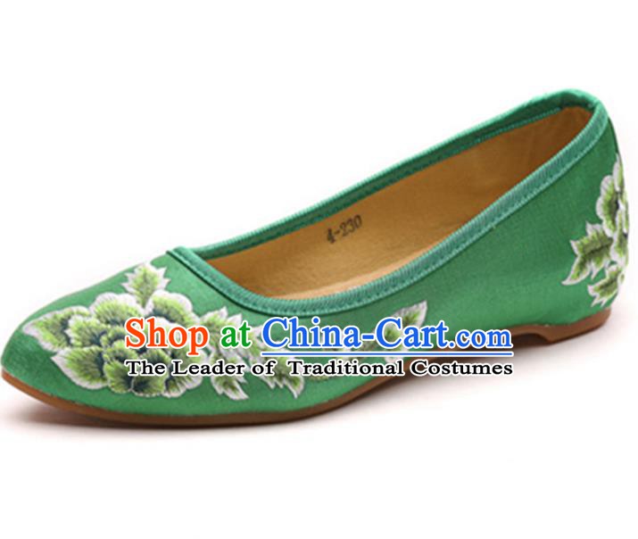 Traditional Chinese National Hanfu Embroidered Shoes, China Princess Embroidery Peony Green Shoes for Women