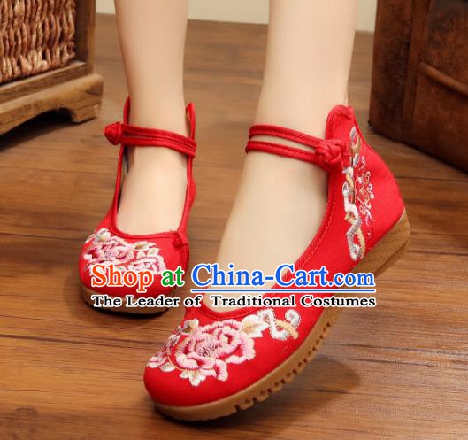 Traditional Chinese National Hanfu Linen Embroidered Shoes, China Princess Embroidery Peony Red Shoes for Women