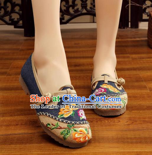 Traditional Chinese National Hanfu Embroidery Peony Linen Shoes, China Princess Navy Embroidered Shoes for Women
