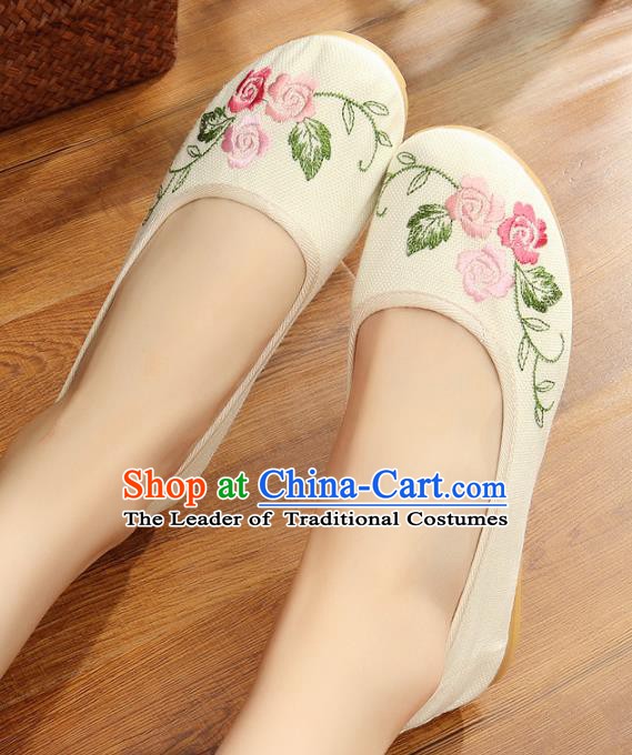 Traditional Chinese National Hanfu Embroidery White Linen Shoes, China Princess Embroidered Shoes for Women