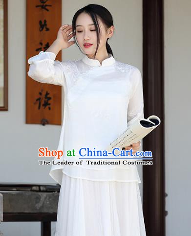 Traditional Chinese National Costume Hanfu White Embroidery Qipao Blouse, China Tang Suit Cheongsam Upper Outer Garment Shirt for Women