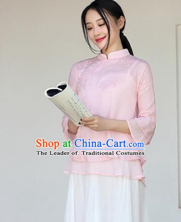 Traditional Chinese National Costume Hanfu Pink Embroidery Qipao Blouse, China Tang Suit Cheongsam Upper Outer Garment Shirt for Women