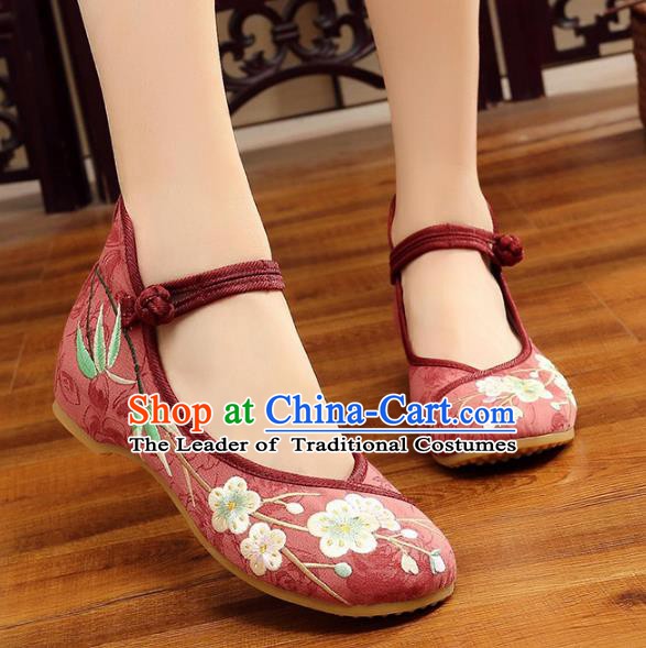 Traditional Chinese National Hanfu Embroidery Wintersweet Red Shoes, China Princess Embroidered Shoes for Women
