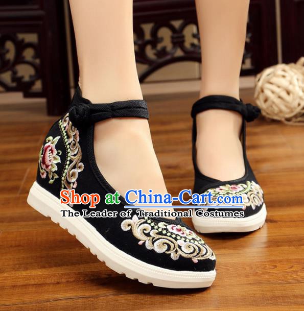 Traditional Chinese National Hanfu Black Canvas Embroidery Shoes, China Princess Embroidered Shoes for Women