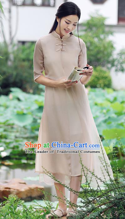 Traditional Chinese National Costume Hanfu Khaki Stand Collar Qipao Dress, China Tang Suit Cheongsam for Women