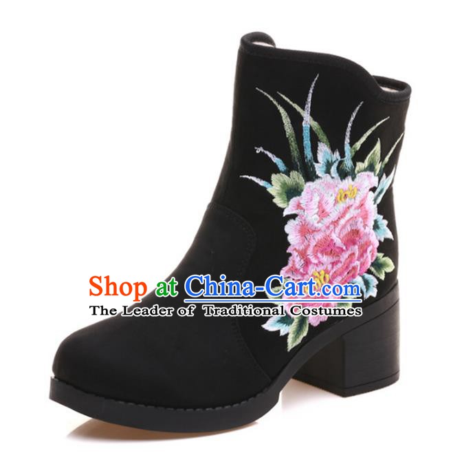 Traditional Chinese National Hanfu Embroidery Peony Boots, China Embroidered Shoes for Women