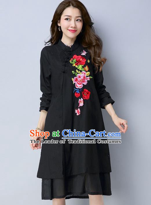 Traditional Chinese National Costume Hanfu Embroidered Black Qipao Dress, China Tang Suit Cheongsam for Women
