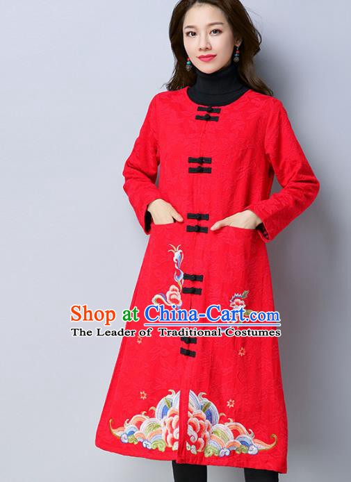 Traditional Chinese National Costume Hanfu Red Embroidered Dust Coat, China Tang Suit Long Coat for Women