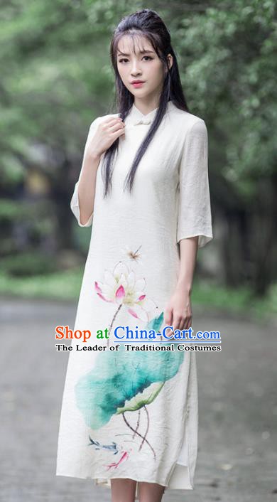 Traditional Chinese National Costume Hanfu White Linen Painting Lotus Qipao, China Tang Suit Cheongsam Dress for Women