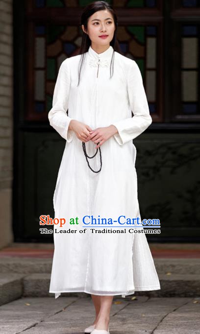 Traditional Chinese National Costume Hanfu White Linen Qipao, China Tang Suit Cheongsam Dress for Women