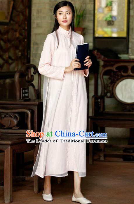 Traditional Chinese National Costume Hanfu Pink Linen Qipao, China Tang Suit Cheongsam Dress for Women