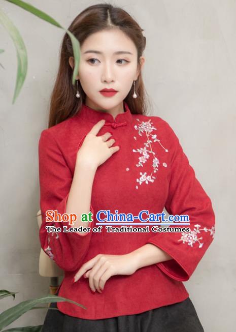 Traditional Chinese National Costume Hanfu Red Embroidered Blouse, China Tang Suit Cheongsam Upper Outer Garment Shirt for Women