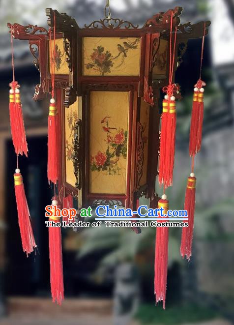 Traditional Chinese Handmade Woodcarving Printing Peony Sheepskin Ceiling Lantern Classical Palace Lantern China Palace Lamp