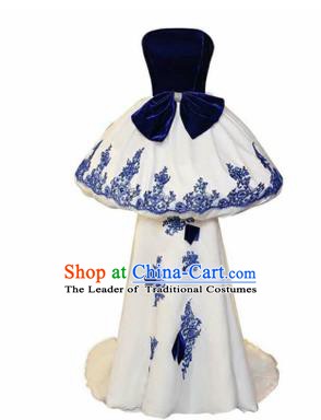 Chinese Style Wedding Catwalks Costume Wedding Bride Embroidered Trailing Full Dress Strapless Cheongsam for Women