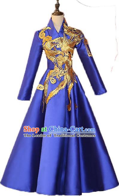 Chinese Style Wedding Catwalks Costume Wedding Bubble Full Dress Compere Embroidered Phoenix Cheongsam for Women