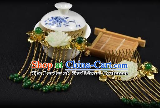 Traditional Handmade Chinese Hair Accessories Hairpins Green Beads Tassel Hair Stick Headwear for Women