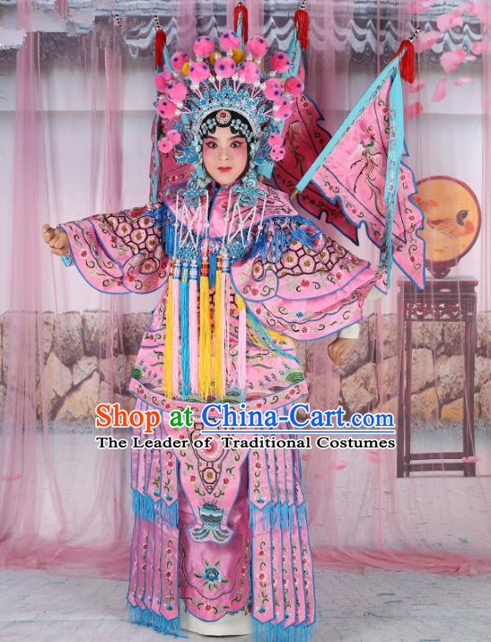 Chinese Beijing Opera Female General Costume Pink Embroidered Robe, China Peking Opera Blues Warrior Embroidery Gwanbok Clothing