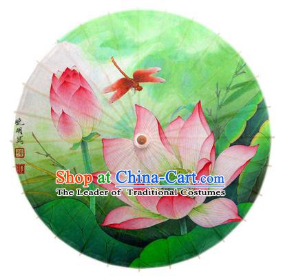 Asian China Dance Umbrella Stage Performance Umbrella Hand Ink Painting Lotus Dragonfly Green Oil-paper Umbrellas