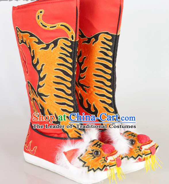 Chinese Beijing Opera Emperor Red Embroidered Boots, China Peking Opera Takefu Embroidery Tiger Shoes