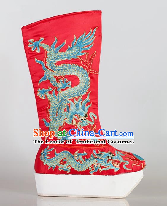Chinese Beijing Opera Emperor Red Embroidered Boots, China Peking Opera Takefu Embroidery Dragons Shoes