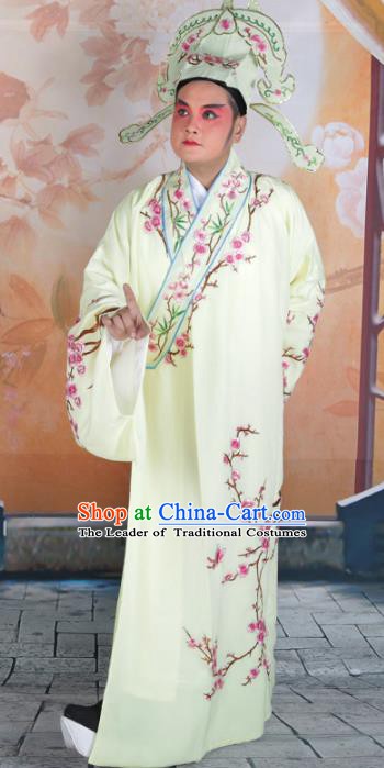 Chinese Beijing Opera Niche Costume Yellow Embroidered Robe, China Peking Opera Scholar Embroidery Clothing