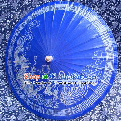 Handmade China Traditional Folk Dance Umbrella Painting Dragon Phoenix Blue Oil-paper Umbrella Stage Performance Props Umbrellas