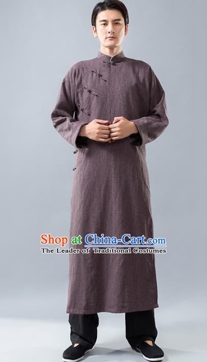 Top Grade Chinese Kung Fu Costume, China Martial Arts Tai Ji Training Uniform Gongfu Brown Long Robe for Men