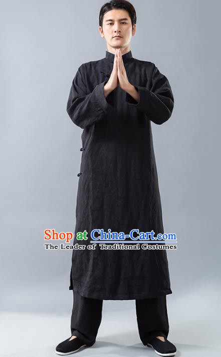Top Grade Chinese Kung Fu Costume, China Martial Arts Tai Ji Training Uniform Gongfu Black Long Robe for Men