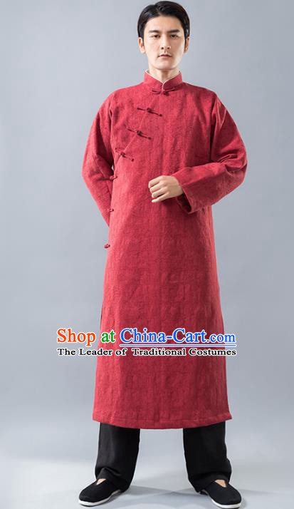 Top Grade Chinese Kung Fu Costume, China Martial Arts Tai Ji Training Uniform Gongfu Red Long Robe for Men