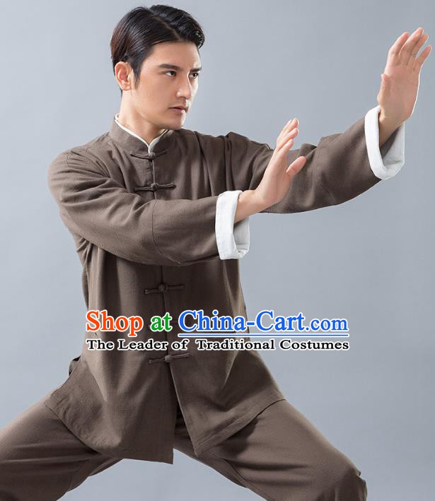 Top Grade Chinese Kung Fu Costume, China Martial Arts Tai Ji Training Brown Linen Uniform Gongfu Clothing for Men