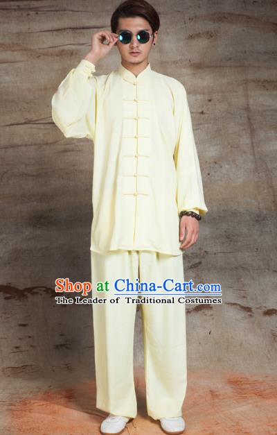 Top Grade Chinese Kung Fu Yellow Linen Costume, China Martial Arts Tai Ji Training Uniform Gongfu Clothing for Men