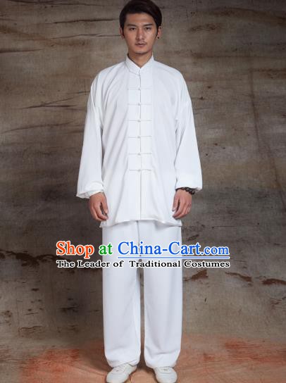 Top Grade Chinese Kung Fu White Linen Costume, China Martial Arts Tai Ji Training Uniform Gongfu Clothing for Men