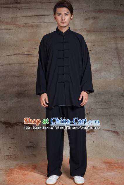 Top Grade Chinese Kung Fu Black Linen Costume, China Martial Arts Tai Ji Training Uniform Gongfu Clothing for Men