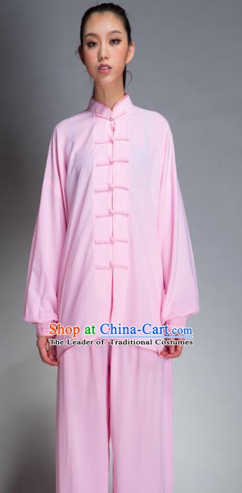 Top Grade Chinese Kung Fu Plated Buttons Pink Costume China Martial Arts Training Uniform Tai Ji Wushu Clothing for Women