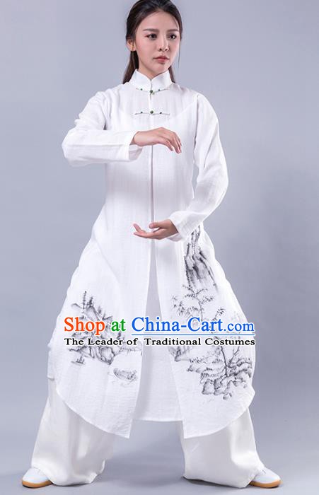 Top Grade Chinese Kung Fu Costume Martial Arts Uniform, China Tai Ji Wushu Plated Buttons White Robe Clothing for Women