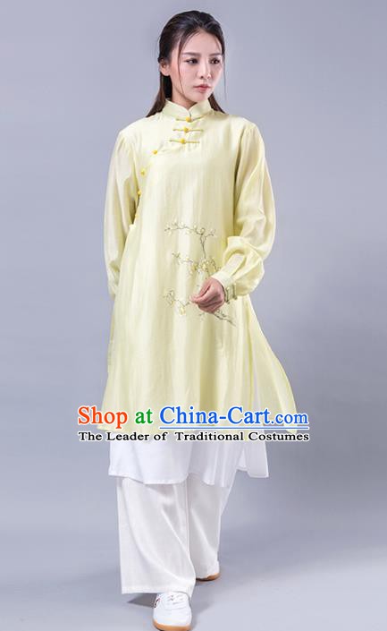 Top Grade Chinese Kung Fu Costume Martial Arts Yellow Uniform, China Tai Ji Wushu Plated Buttons Clothing for Women