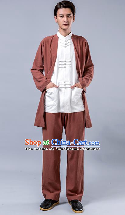 Top Grade Chinese Kung Fu Costume Tai Ji Training Brown Linen Uniform, China Martial Arts Tang Suit Gongfu Clothing for Men