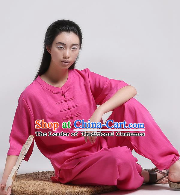 Top Grade Chinese Kung Fu Costume Martial Arts Rosy Uniform, China Tai Ji Wushu Plated Buttons Clothing for Women